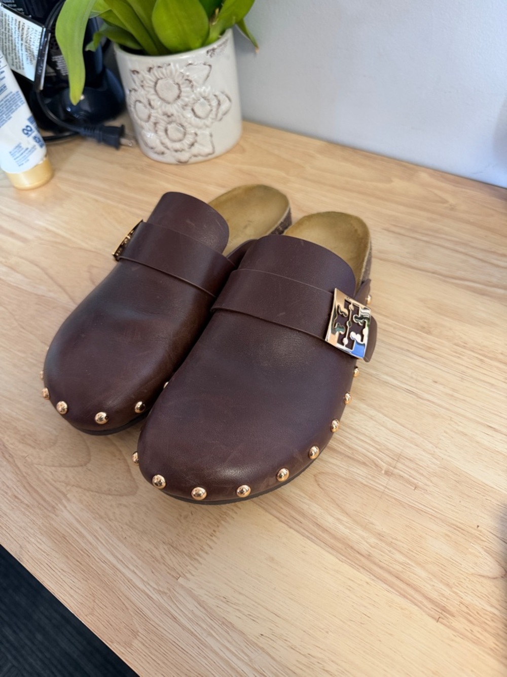 Tory Burch Dark Brown Leather Studded Clog Mules with Gold Logo Buckle